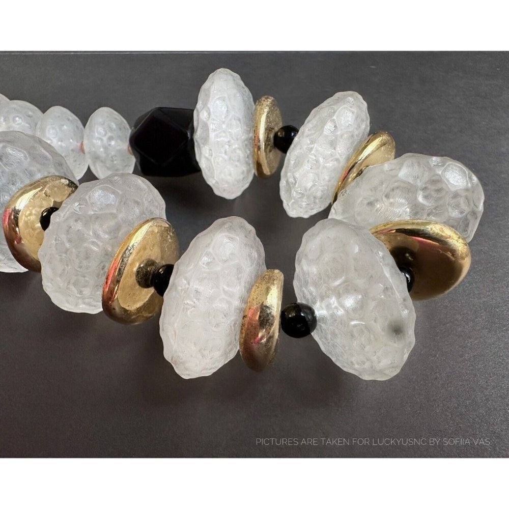 Necklace Matte Clear White faceted beads & balls, black & gold tone beaded 16”